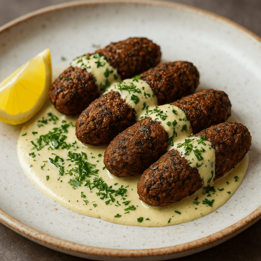 Air-Fried Eggplant & Lentil Kofta with Lemon-Herb Tahini