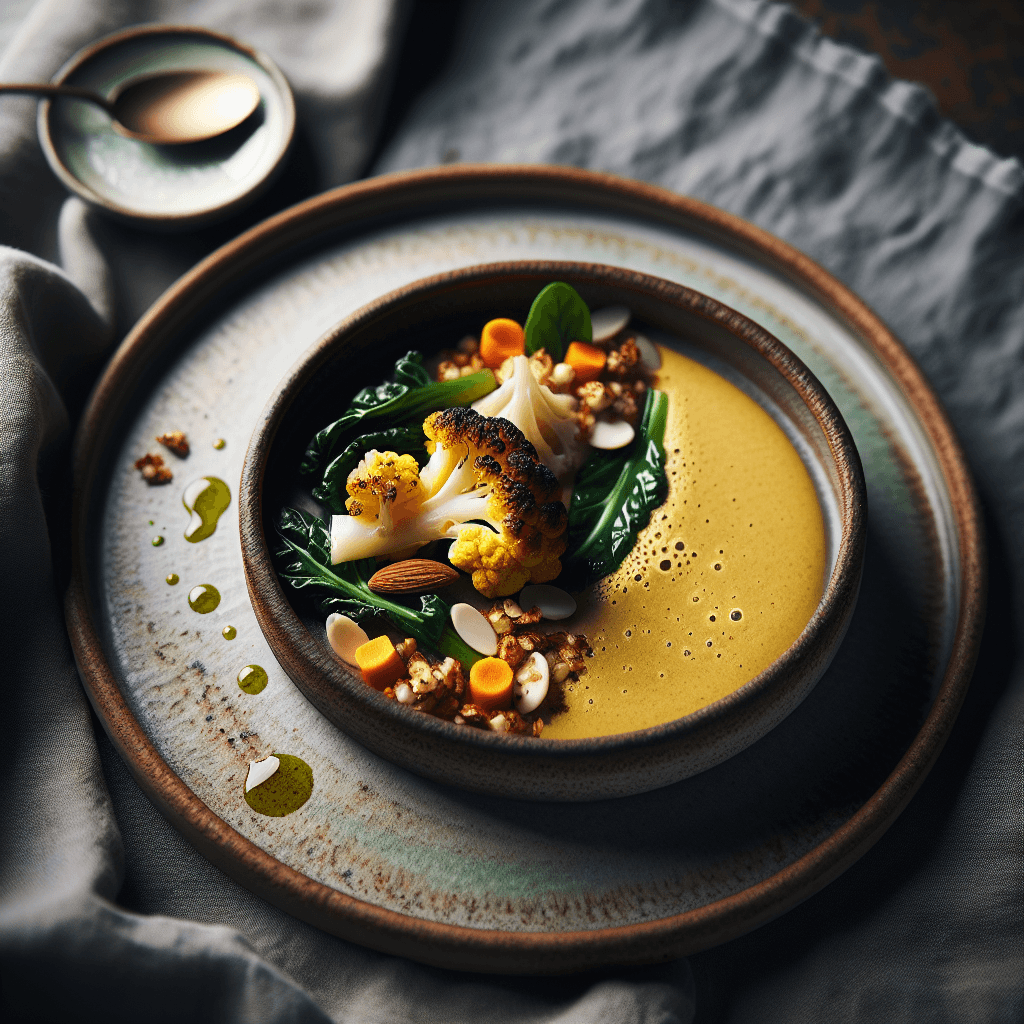 Charred Cauliflower and Swiss Chard Velouté with Almond-Carrot Gremolata