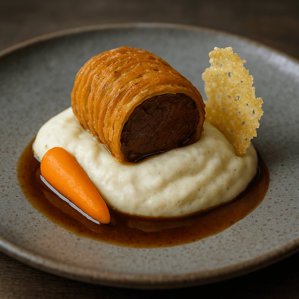 Deconstructed Beef Cheek Involtini with Truffled Potato Espuma