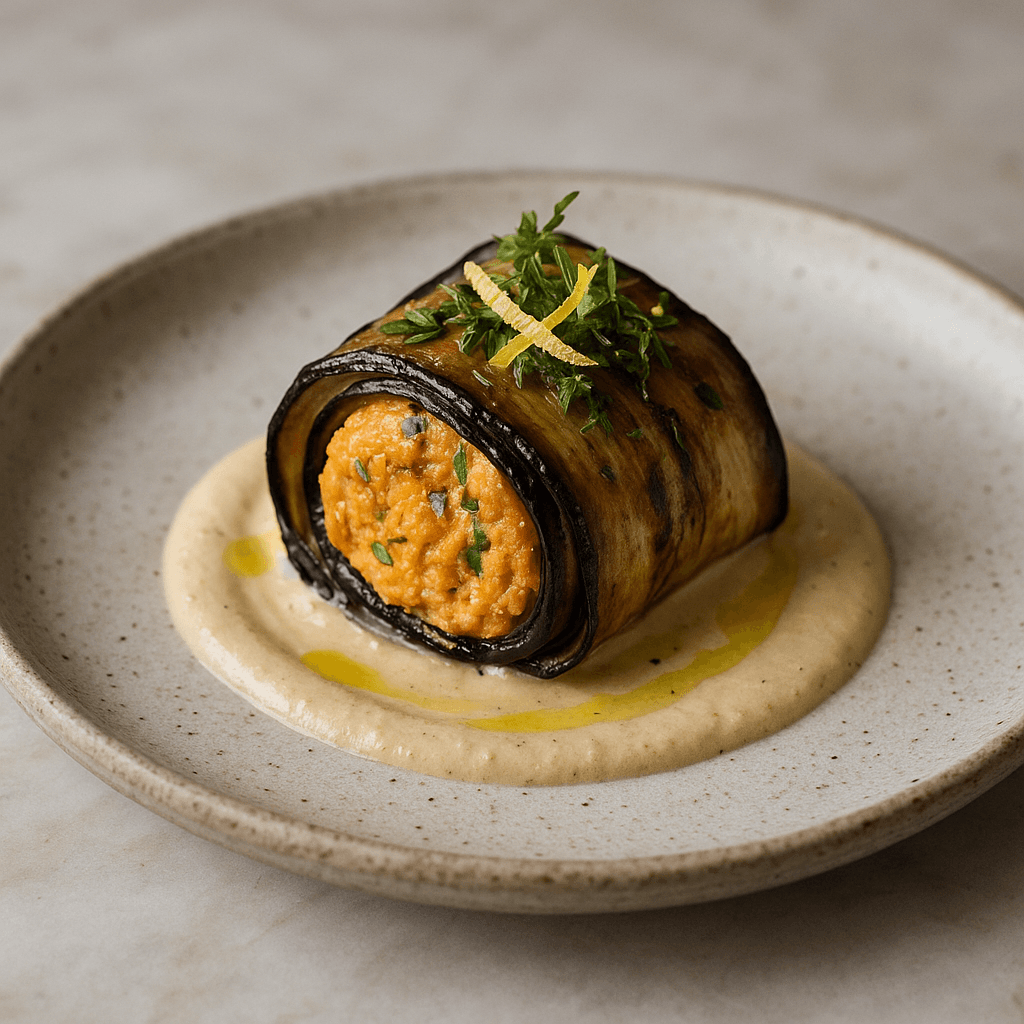Mediterranean Eggplant Roulade with Red Lentil Tahini Crème