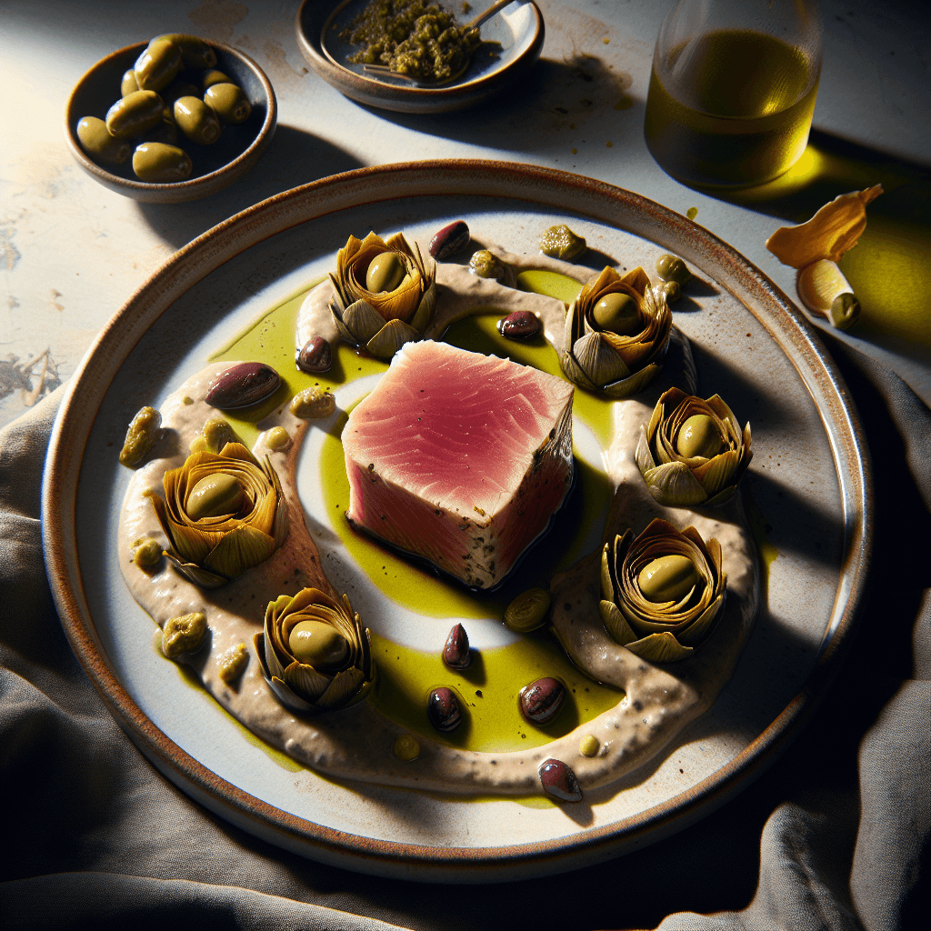 Mediterranean Tuna Confit with Artichoke Purée and Olive-Caper Emulsion