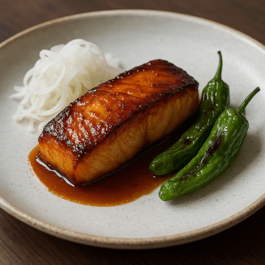 Miso-Glazed Black Cod with Smoked Shishito Pepper and Daikon Chiffonade