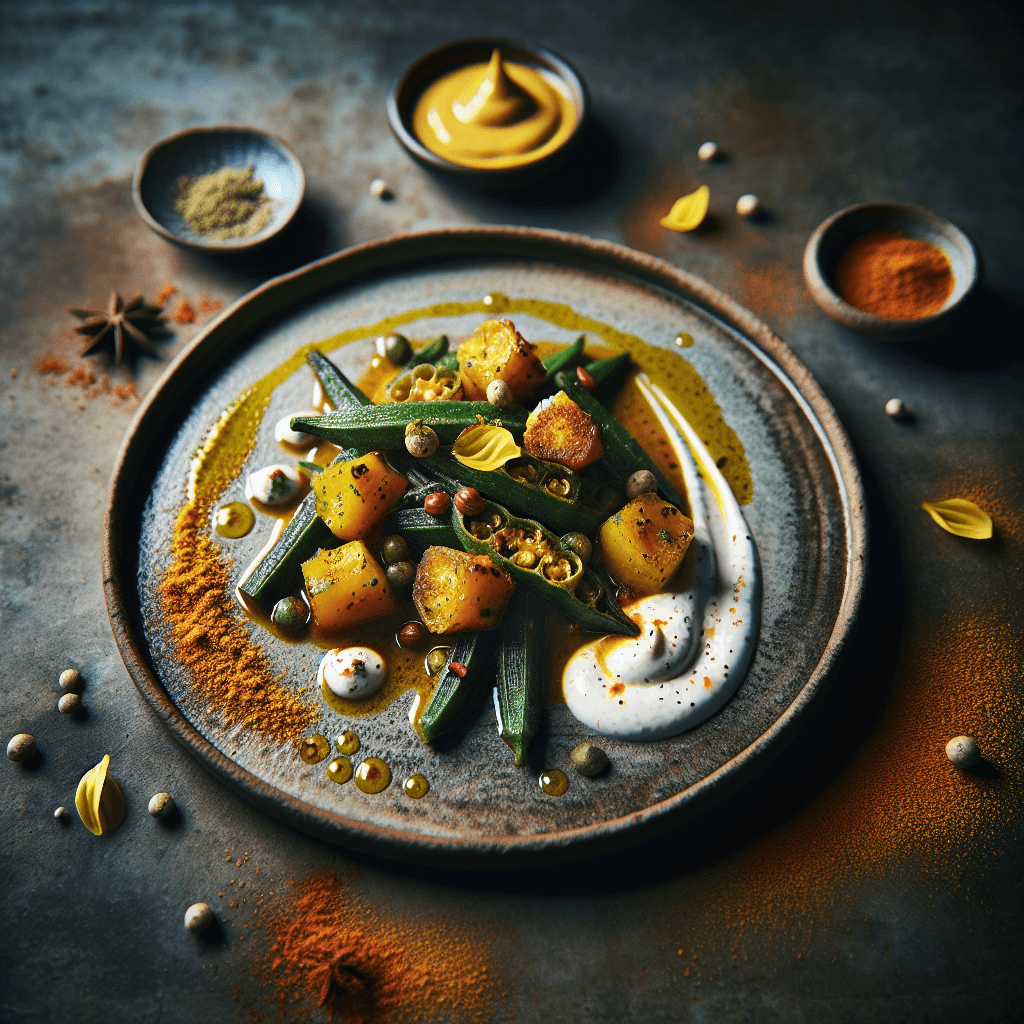 Okra & Potato Mughlai Fricassee with Saffron Yogurt Emulsion