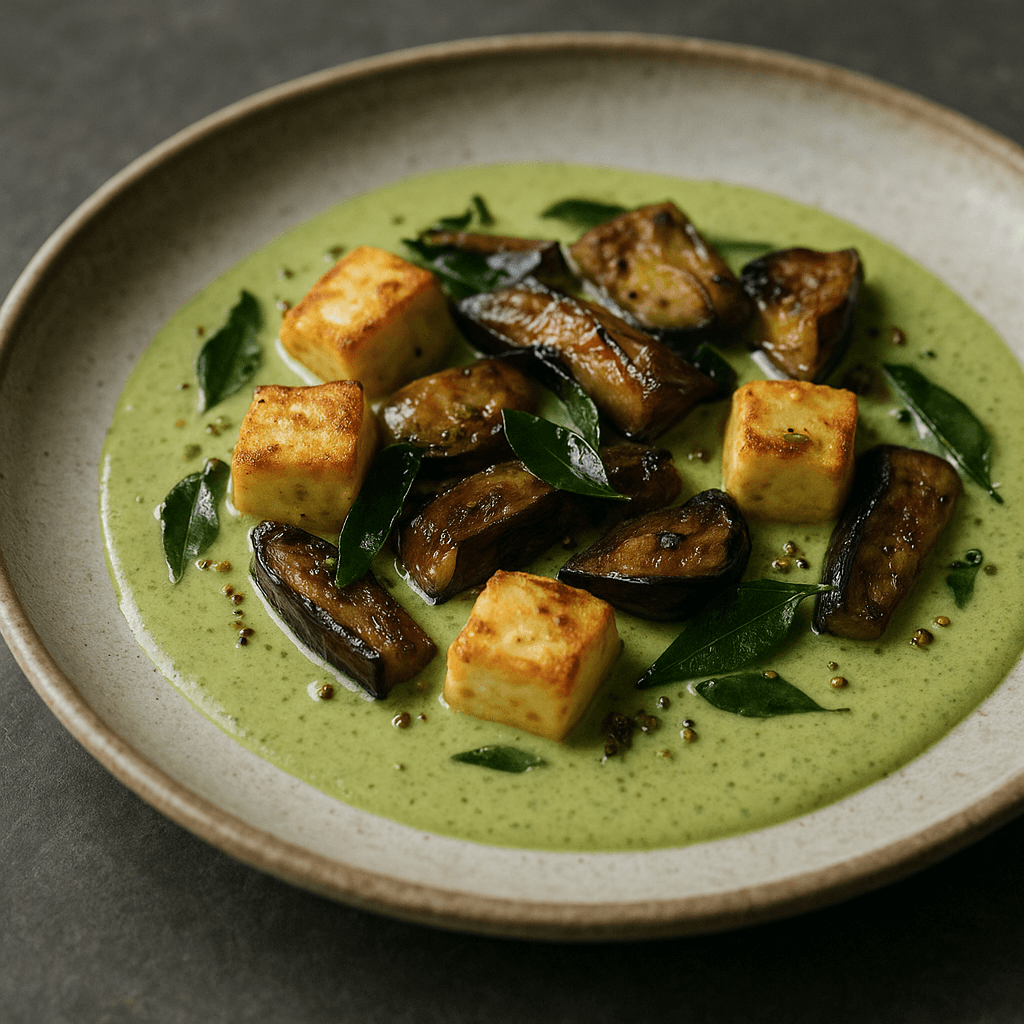 Paneer & Roasted Eggplant with Coconut-Curry Leaf Emulsion