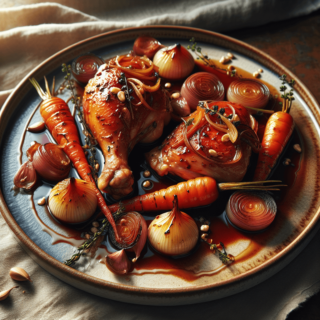 Red Wine Braised Chicken Thighs with Caramelized Alliums and Glazed Heirloom Carrots