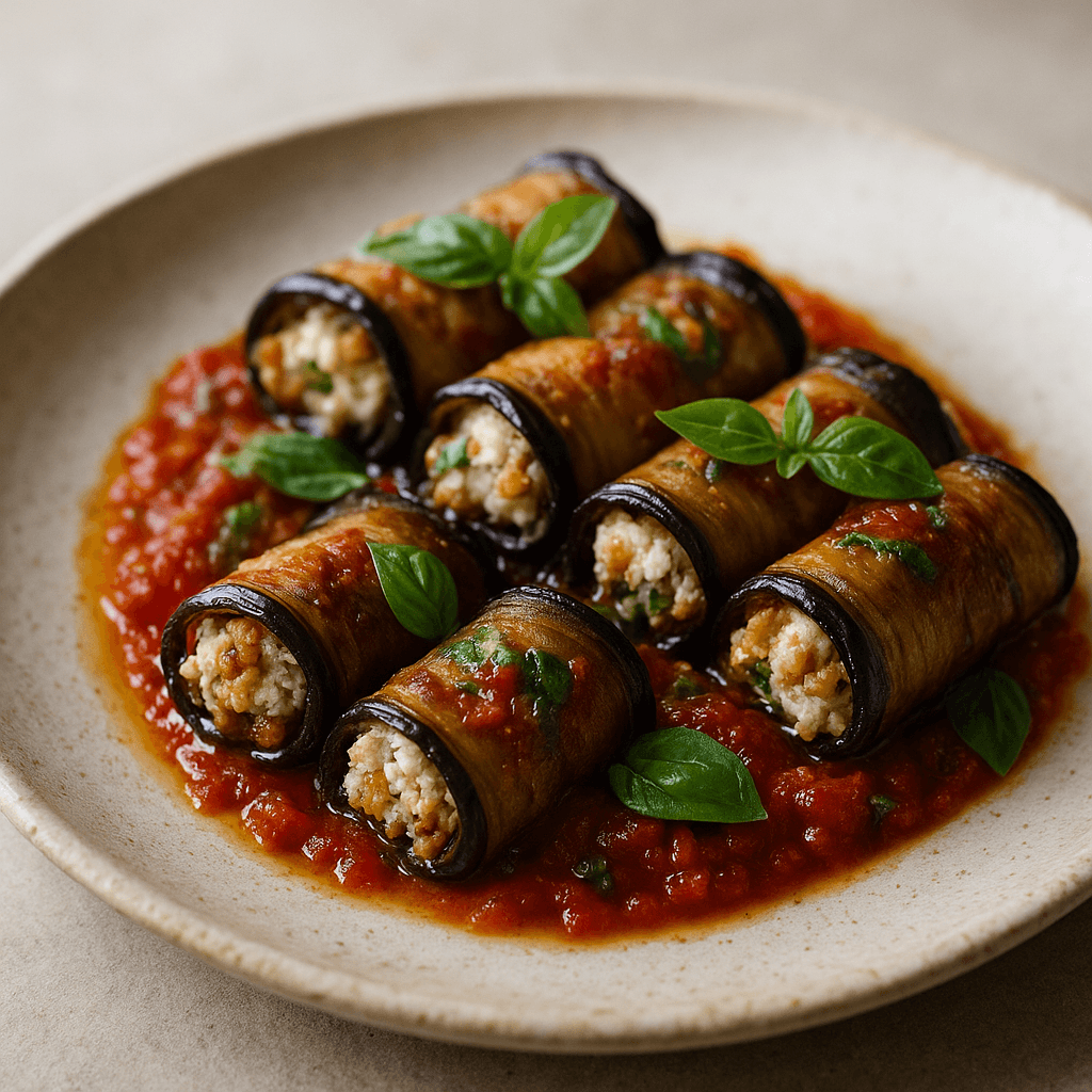 Ricotta and Walnut-Stuffed Eggplant Involtini with Basil-Tomato Confit