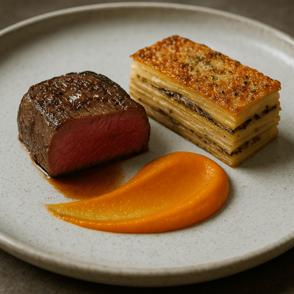 Sous-Vide Beef with Truffle Potato Mille-Feuille & Caramelized Shallot-Carrot Purée